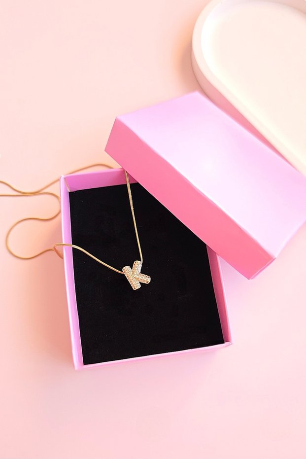 K Letter Necklace - K Letter Necklace - Lettered Steel Necklace - Steel Necklace with Stones and Letters