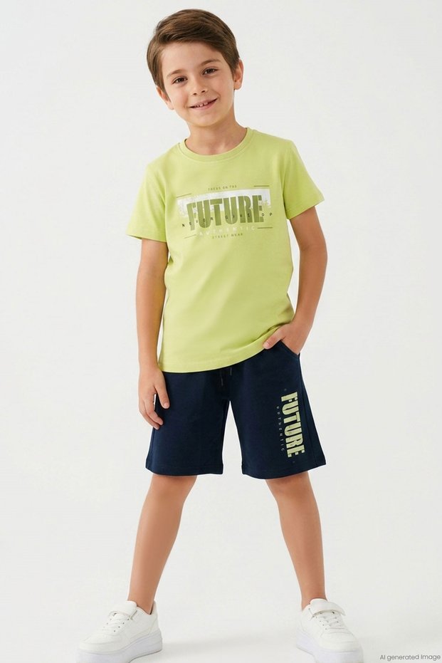 Boy's Shorts Set with Lettering Printed Shorts and Lace Accessories, Ages 8-14, Pistachio Green