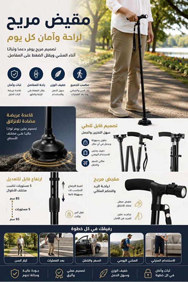 Five Section Folding Walking Cane with LED Light Adjustable Height Self Standing Aluminum Walking Stick for Seniors