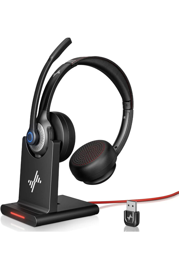 black JIAMQISHI EH02P Wireless Headset with Charging Base AI Noise Cancelling Microphone Headphones