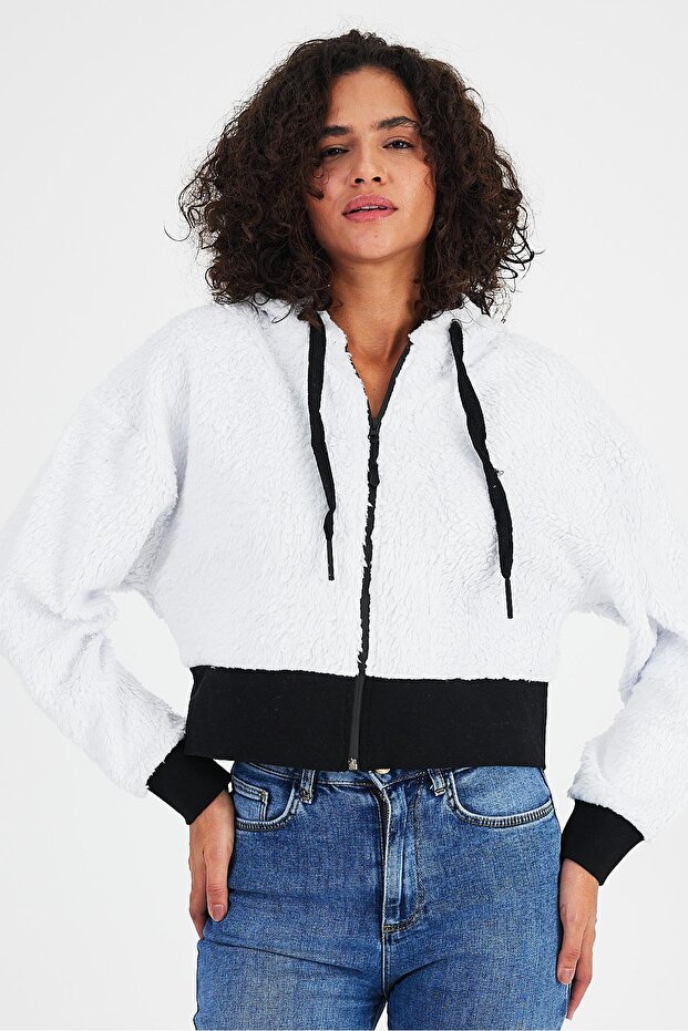 Hooded Fleece Crop Cardigan (B23-36302-Ekru)