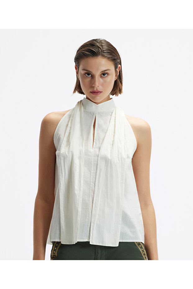 Sleeveless Stand Collar Tie Blouse