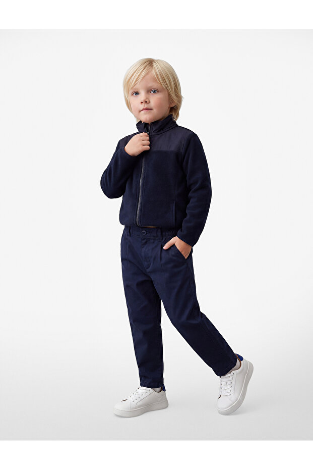 Buttoned Gabardine Fabric Cotton Carrot Cut Trousers