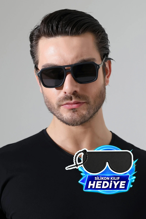 Men's Black Matte Frame Black Glass Silver Edge Detail Sunglasses