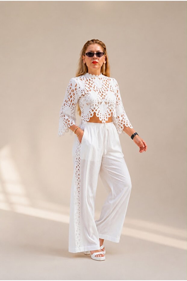 Lace-Up Blouse and Pants Set