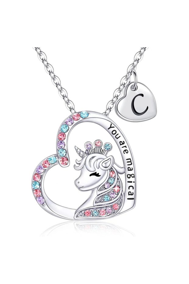 C Initial Letter Unicorn Necklace You Are Magical Horse Pendant Necklaces For Girls Birthday Gifts