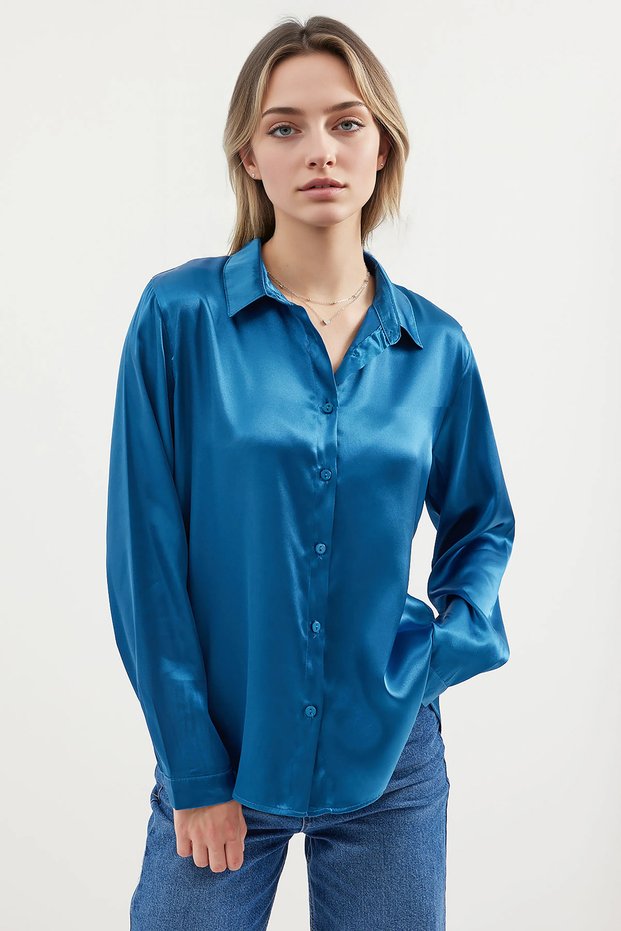 Long Sleeve Draped Satin Petrol Blue Women's Shirt