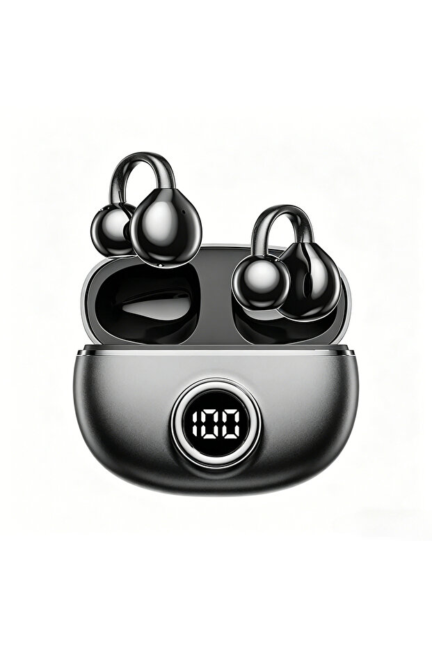 Black Open Ear Clip-On Bluetooth Earbuds for Small Ears Glasses Wearers Long Battery Digital Display