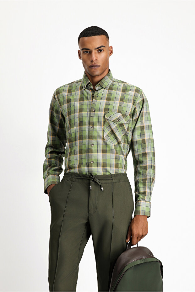 Long Sleeve Regular Fit Plaid Sports Cotton Button Collar Shirt