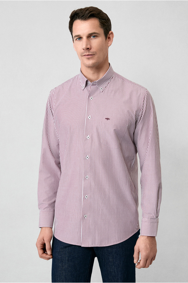Long Sleeve Regular Fit Striped Button Collar Cotton Piece Easy to Wear Shirt