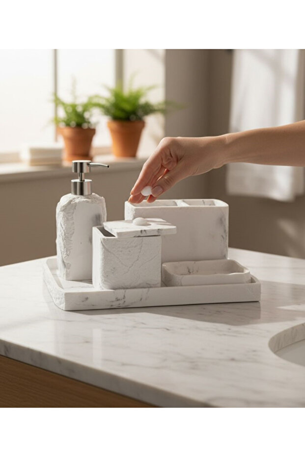 5 Piece Luxury Laduree Stonea White Bathroom Set with Silver Tray