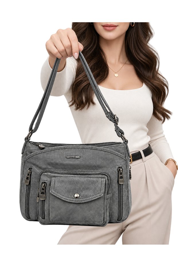 Women's Multi-Compartment Faux Leather Hand and Shoulder Bag with Adjustable Strap