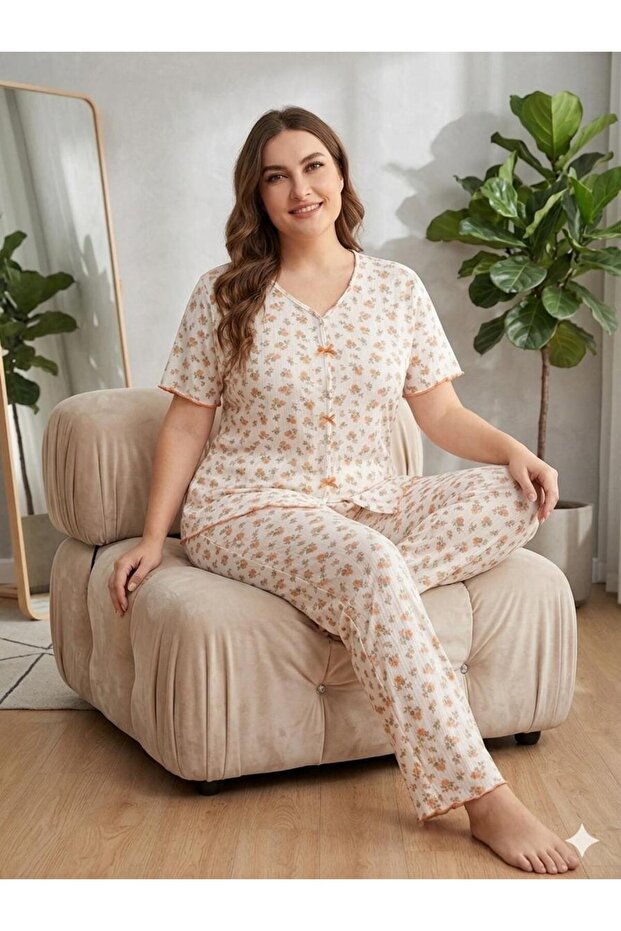 Women's Patterned Summer Lycra Bow-Decorated Plus Size Pajama Set