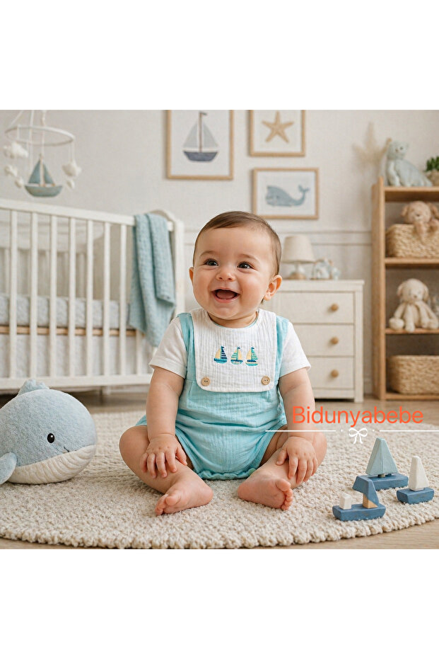 Muslin Baby Boy Sailboat Embroidered Summer Shorts Overalls-100% Cotton