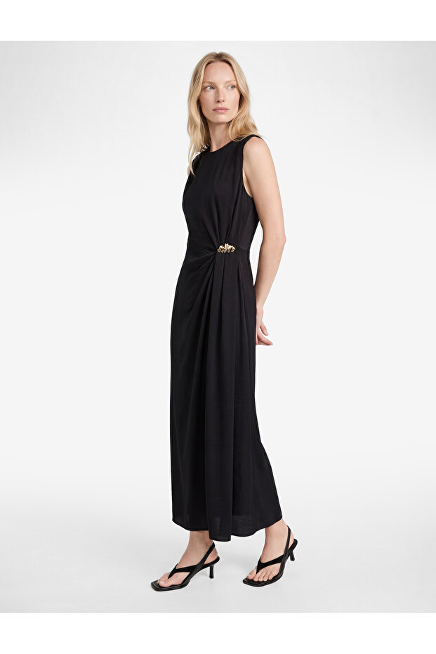 Sleeveless Crew Neck Midi Length Aerobin Satin Dress with Accessory Detail