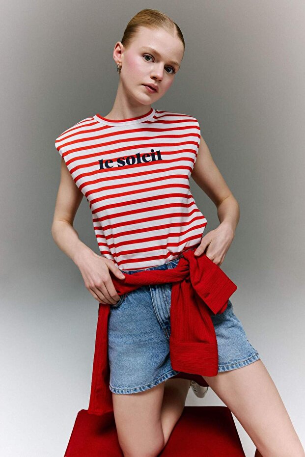 100% Cotton Relax Fit Striped Crew Neck Padded Short Sleeve T-Shirt H5371Ax26Sp