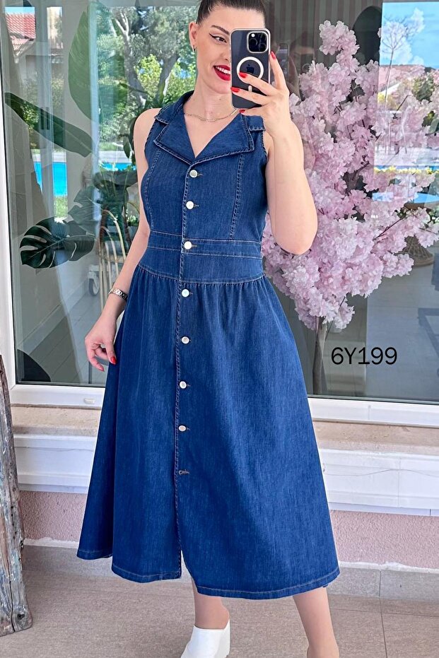Polo Collar Metal Buttoned Denim Dress 6Y199