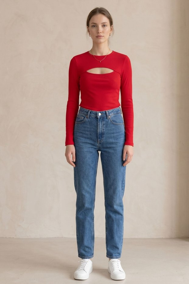 Women's Red Cut Out Blouse Long Sleeve Fit Molded Chest Cutout Modern Stylish Top Blouse