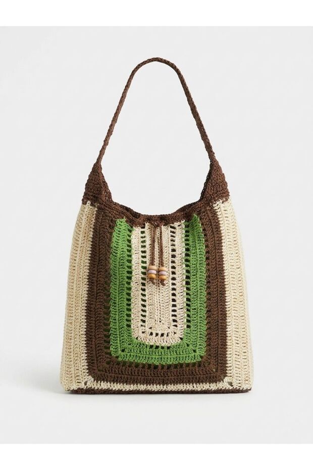 Women's Green-Brown Knitted Handmade Beach and Shoulder Bag-Unlined