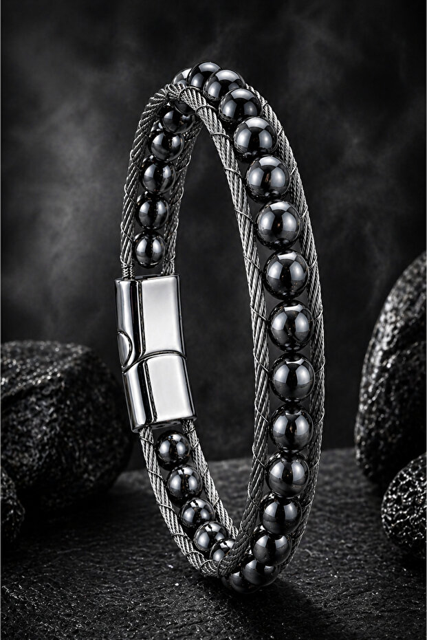 Men's Natural Hematite Stone Steel Bracelet Multi-Layer Weave Design Interlocking Stylish Durable Bracelet