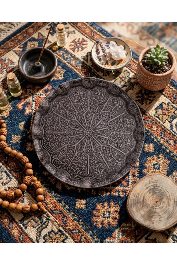 Tinplate Round Metal Tray for 6 People, Decorative Tea and Coffee Serving Tray 35cm
