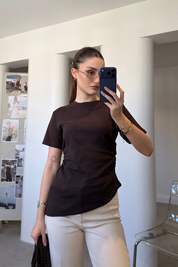 Asymmetrical Cut Short Sleeve Blouse - Brown