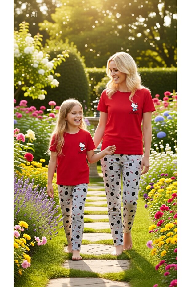 Hello Kitty Licensed Mother & Daughter Pajama Set Red & Gray Crew Neck 100% Combed Cotton (Sold Separately)