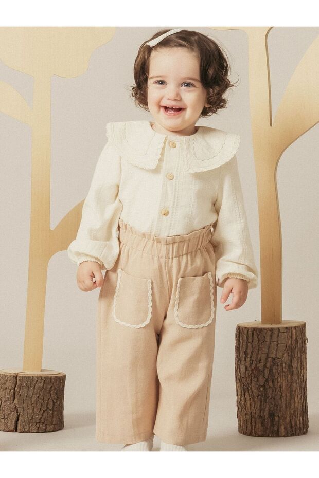 Baby Collar Embroidered Natural Textured Stylish Children's Top and Bottom Set