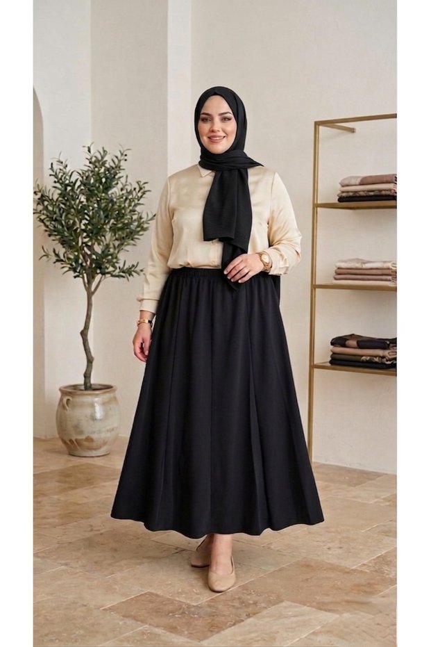 Women's Black Scuba Crepe 8-Piece Kilos Skirt - Flexible Lycra High Waist Mevlana Skirt