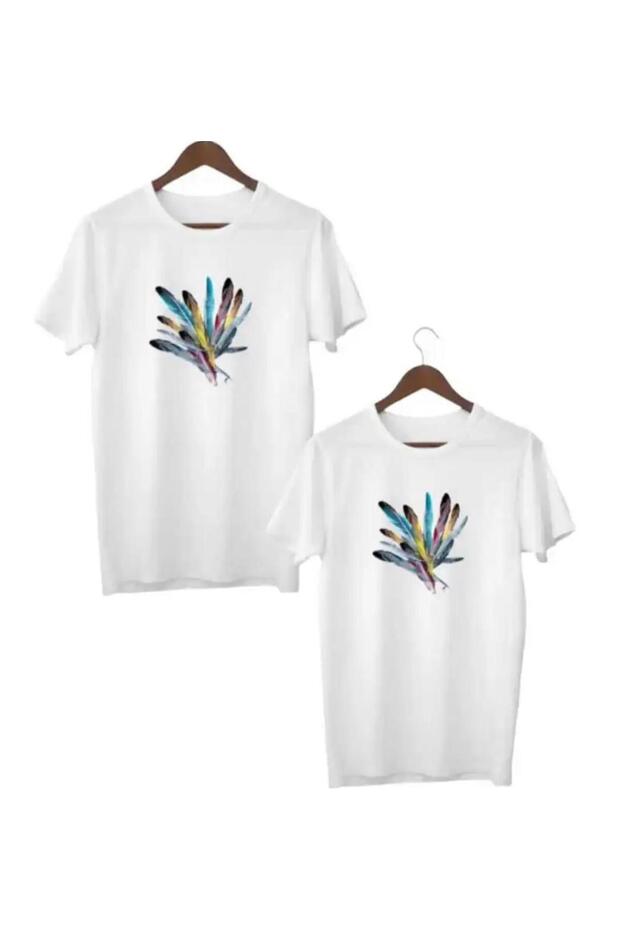 Special Series Colorful Feathers Printed 100% Cotton Mother-Child Combination T-Shirt