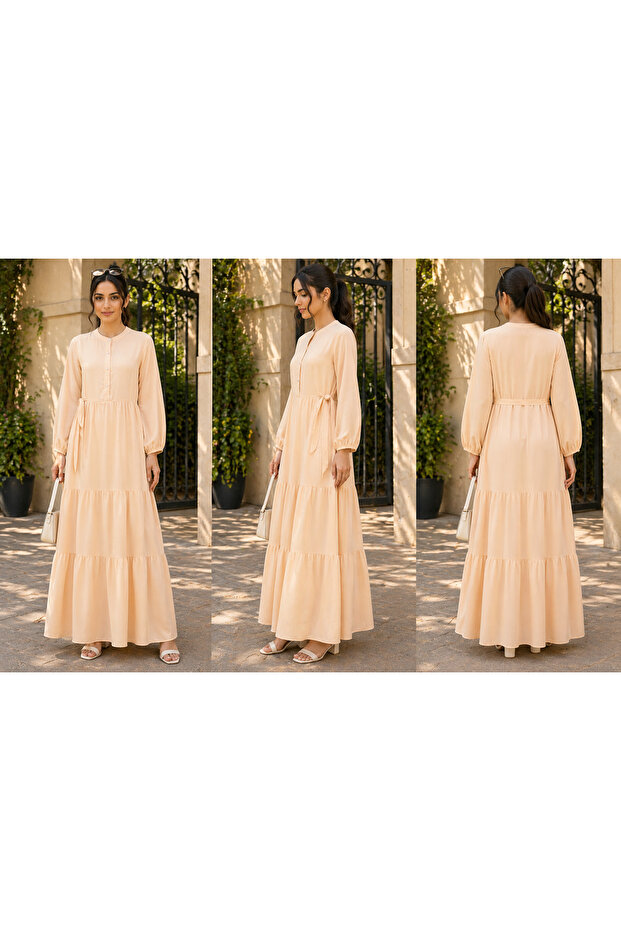 Peach Solid Tiered Casual Dress