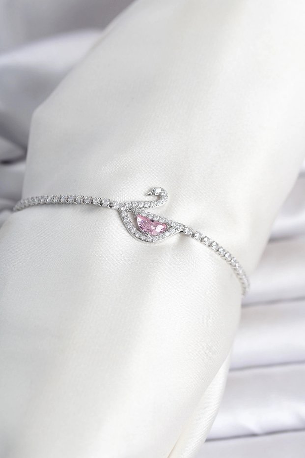 Brass Silver Rk Zircon Stone Swan Model Waterway Women's Bracelet