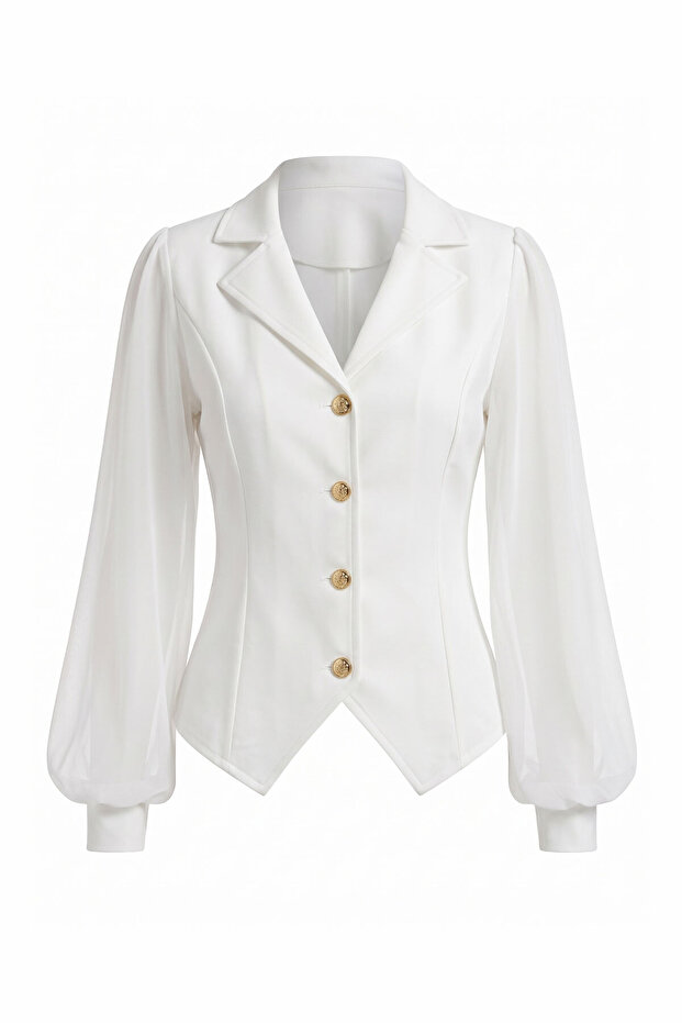 Premium Blouse with Tulle Sleeves - White