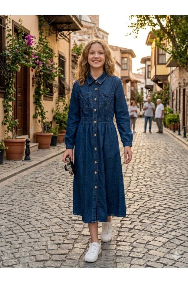 Girl's Denim Jean Dress with Gathered Waist and Front Buttons, Maxi Length, Stylish Casual Dress