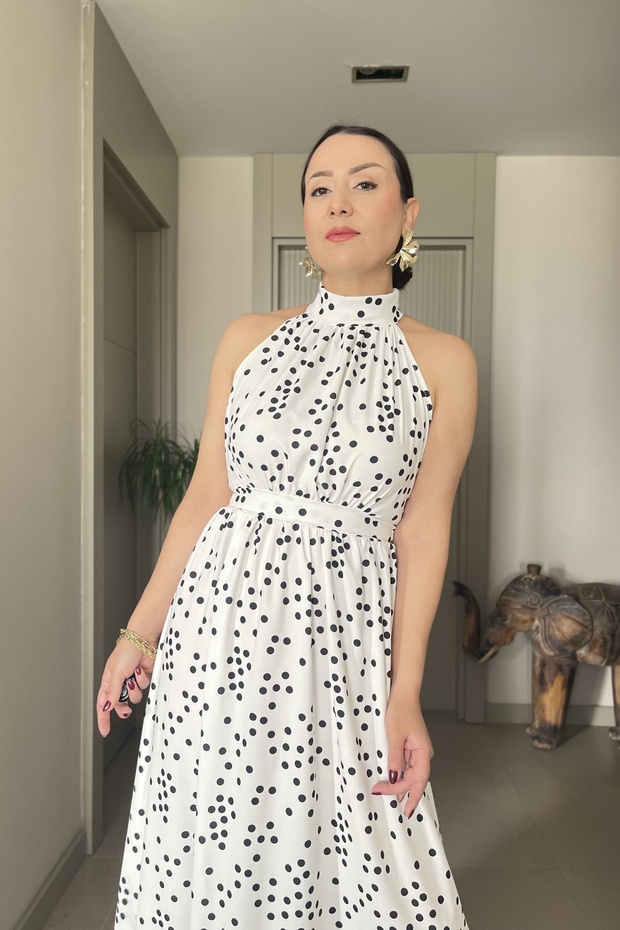 Halter Neck Waist-Fitted Polka Dot Long Dress