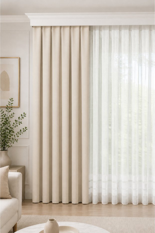 1/3 Frequent Pleated Background Curtain Beige 80X250 cm Single Wing Soft Fabric Modern Decorative Living Room Curtain