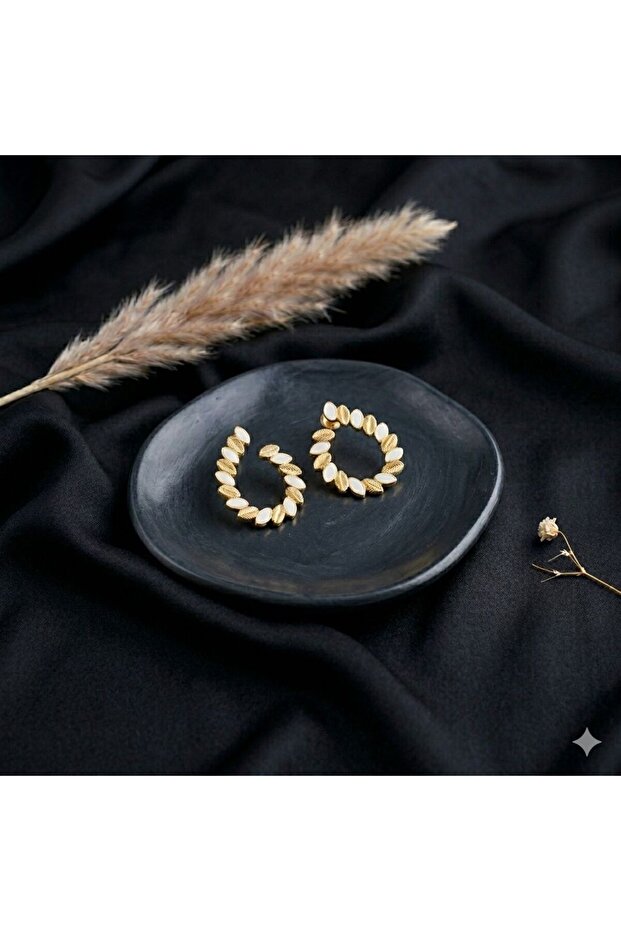Stainless Gold White Enamel Oval Earrings - Stylish Design with Leaf Pattern