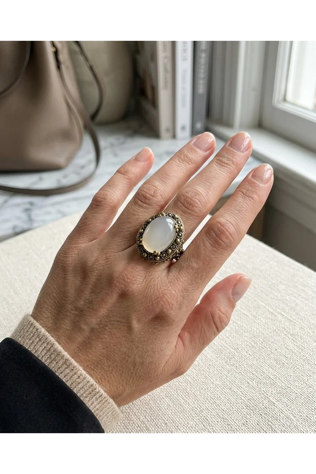 Bronze Vintage Women's Ring Authentic Copper Jewelry White Stone Zircon Worked Ottoman Model Adjustable