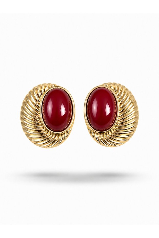 Brass Gold Color Burgundy Beaded Oval Vintage Women Earrings