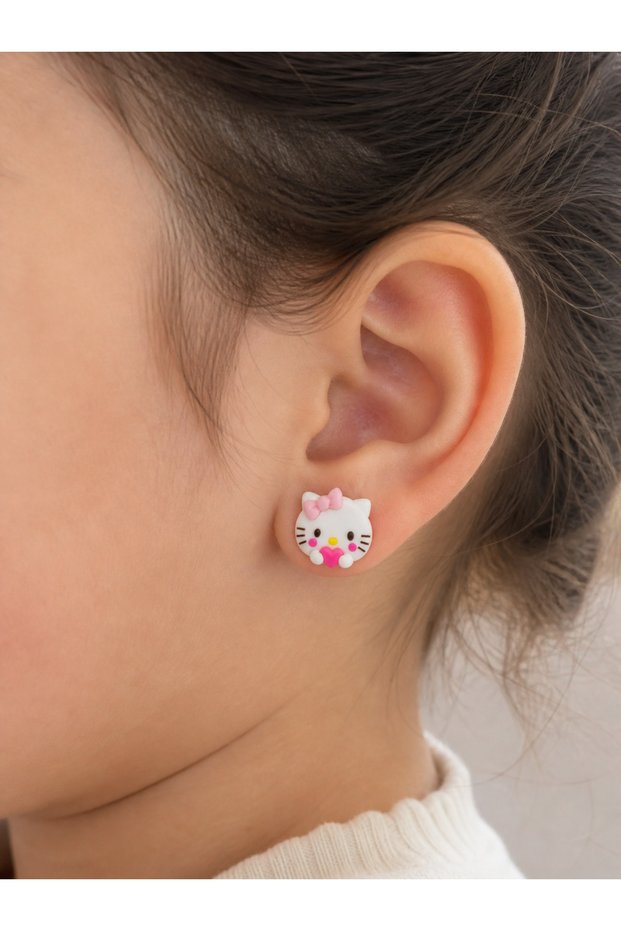 Cute Cat Figured Children's Earrings Pink Heart White Tiny Gift Jewelry