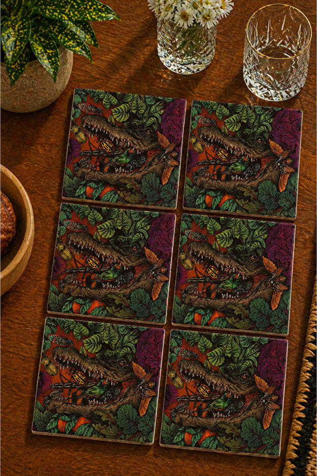 Abstract Nature Crocodile Themed Set of 6 Coasters - Uv Printed Mdf - 10X10 cm
