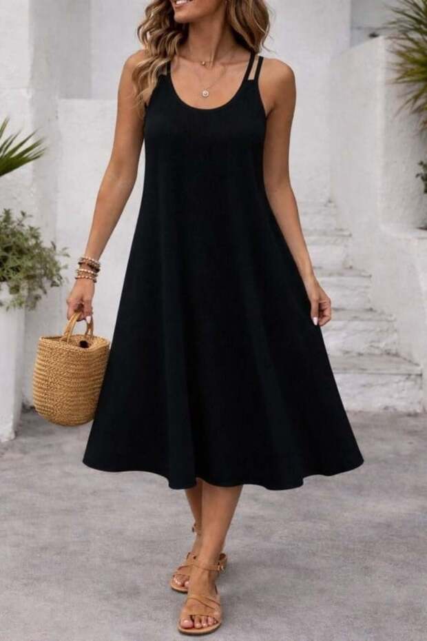 Women's Strappy Round Neck Kiloş Long Viscose Dress