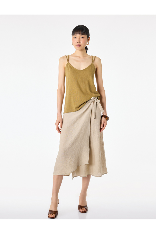 Textured Binding Detailed Double-Breasted Midi Skirt