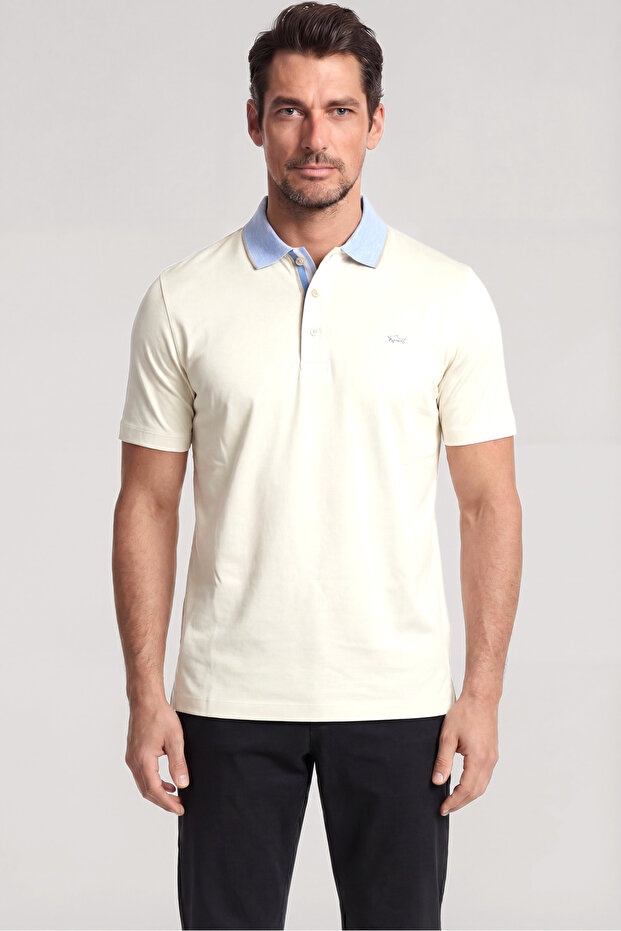 Men's Button Closure Short Sleeve 100% Cotton White Polo Collar T-Shirt