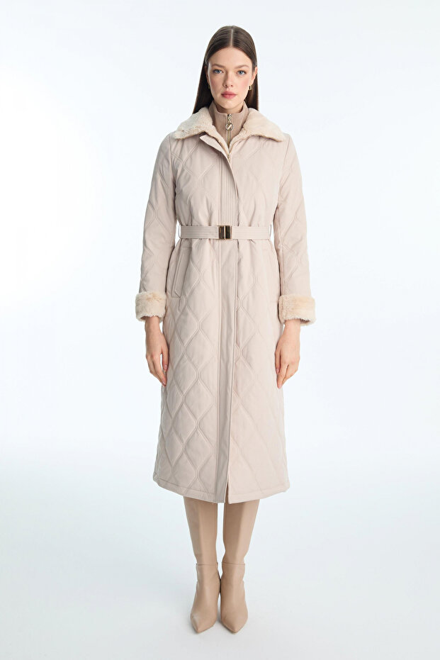 Plush Collar and Sleeve Detailed Quilted Coat Stone 13960