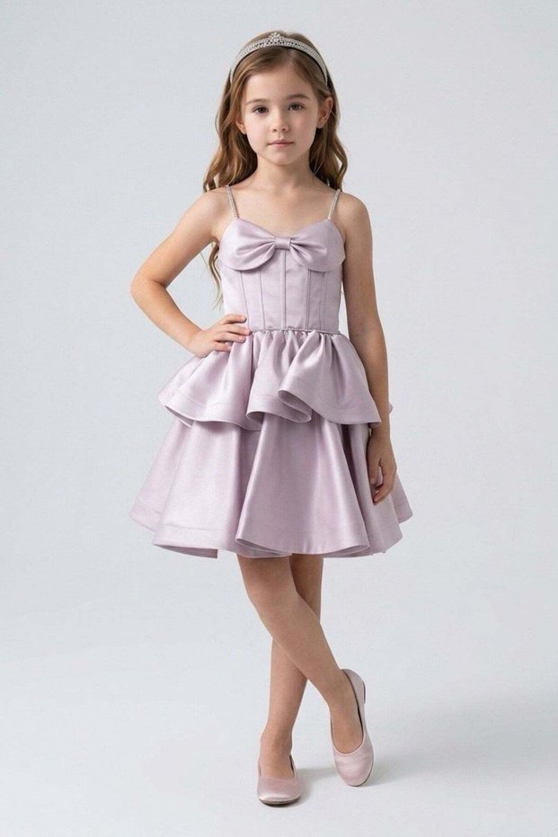 Mojo Girls' 10-15 Years Old Short Satin Evening Dress with Bow Detail, Lilac