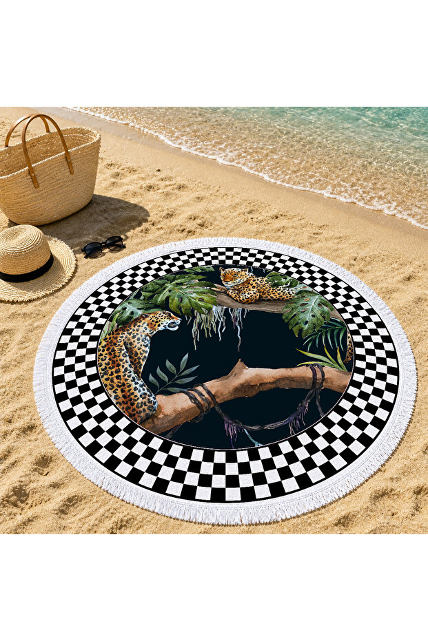Black and White Checkered Tiger Patterned 150 cm Round Beach Towel