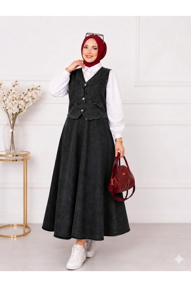 Denim Vest and Skirt Two-Piece Set - Blue and Black Denim