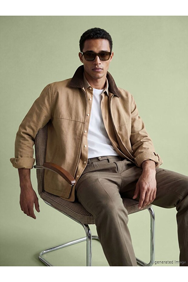 Lcw Vision Beige Comfortable Fit Velvet Collar Men's Jacket