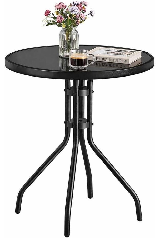 Patio Round Table Opaque Tempered Glass top - Outdoor Table, Outdoor Side Table, Metal Coffee Table for Outdoor Patio, Balcony, Poolside, living room Table - Opaque